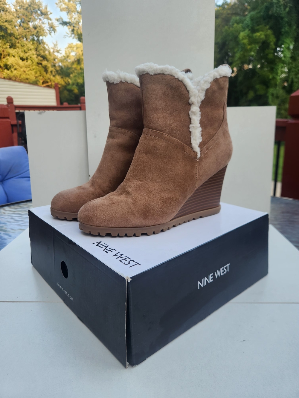 Nine West Women's Tan Suede Wedge Booties with Shearling Trim